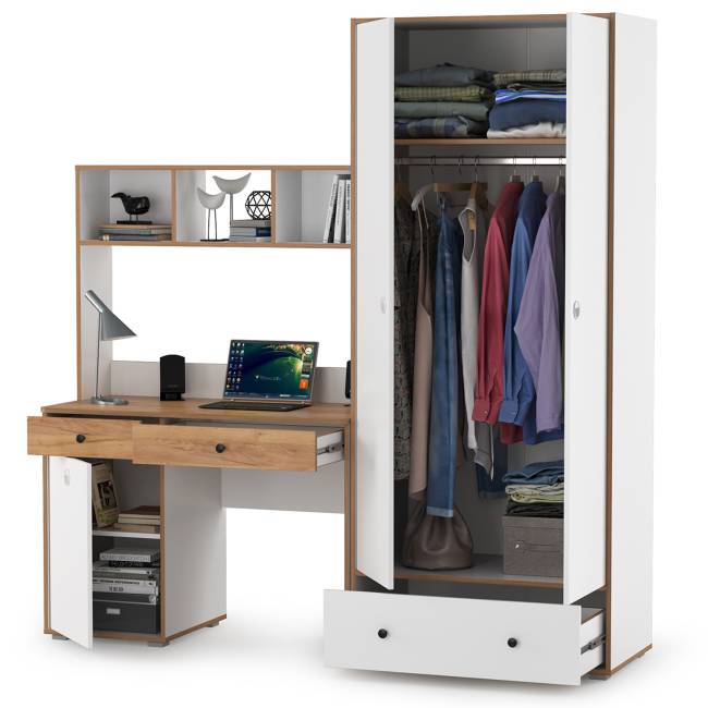 Компьютерный стол и шкаф Вуди цвет белый премиум/дуб крафт золотой
