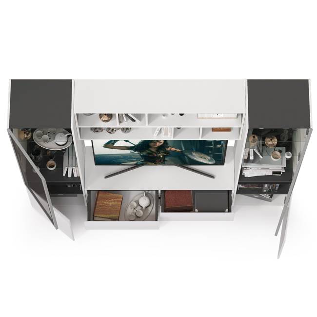 Сидней стенка для гостиной № 38 цвет белый/чёрный/фасады МДФ белый глянец