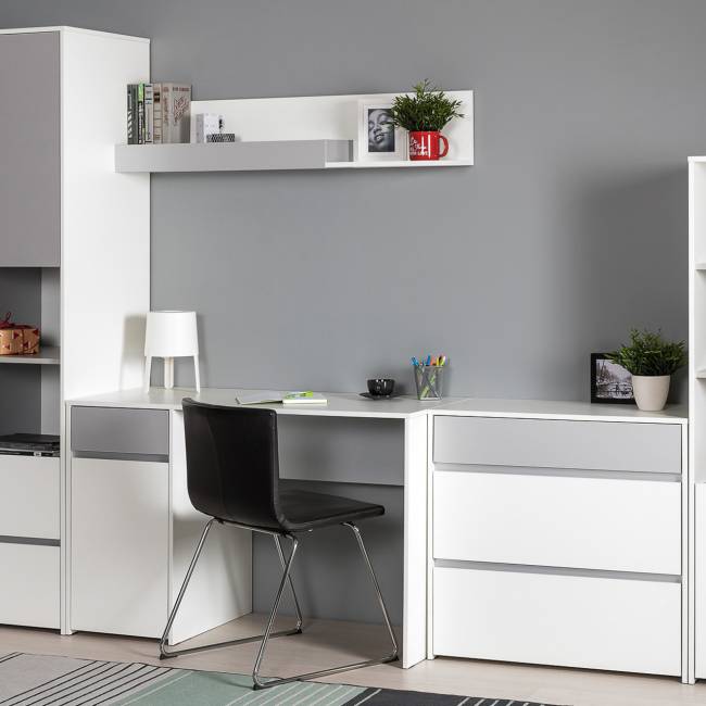 Стол компьютерный с верхней полкой и комодом Торонто цвет белый шагрень/стальной серый