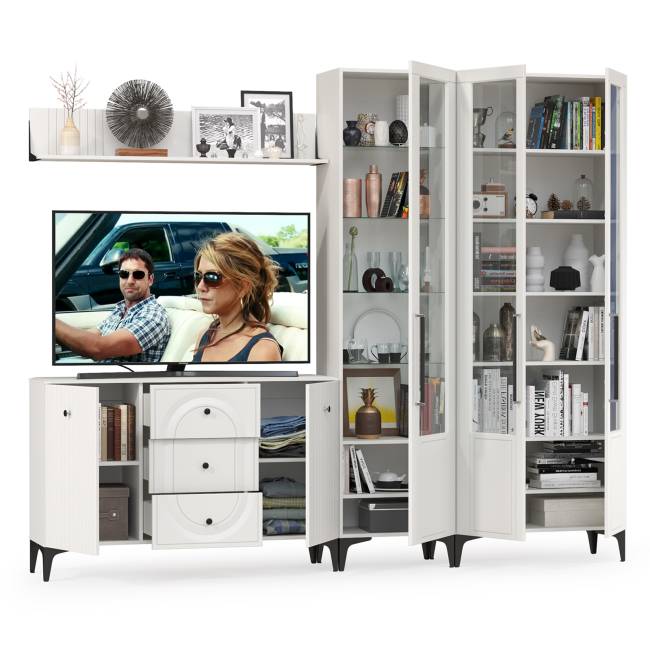 Комод для ТВ-аппаратуры с навесной полкой и широкий сервант Валенсия цвет белый шагрень