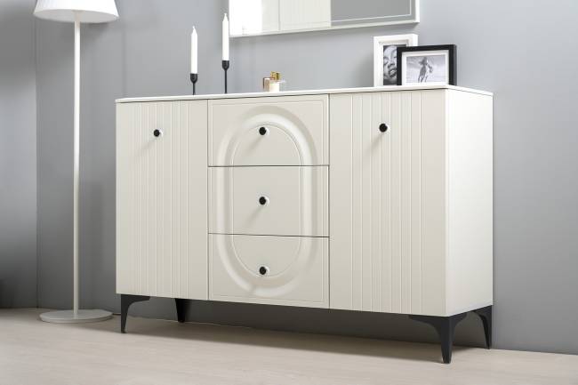 Комод для ТВ-аппаратуры с навесной полкой и широкий сервант Валенсия цвет белый шагрень