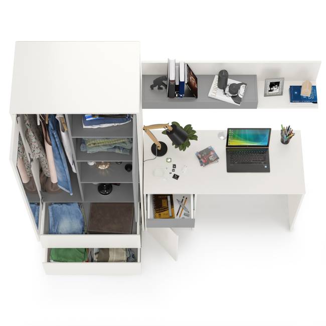 Рабочий стол с полкой и шкафом для одежды Торонто цвет белый шагрень/стальной серый