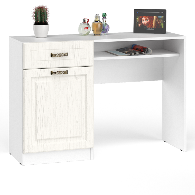 Стол туалетный с пуфом, с зеркалом и настольной полкой Ливерпуль цвет ясень ваниль/белый Стол туалетный с пуфом, с зеркалом и настольной полкой Ливерпуль цвет ясень ваниль/белый