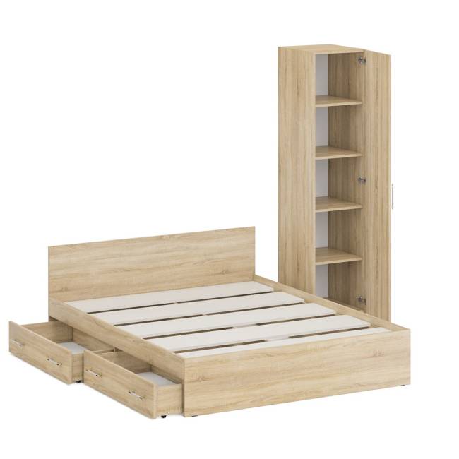 Двуспальная кровать с ящиками 1600 с пеналом Стандарт цвет дуб сонома