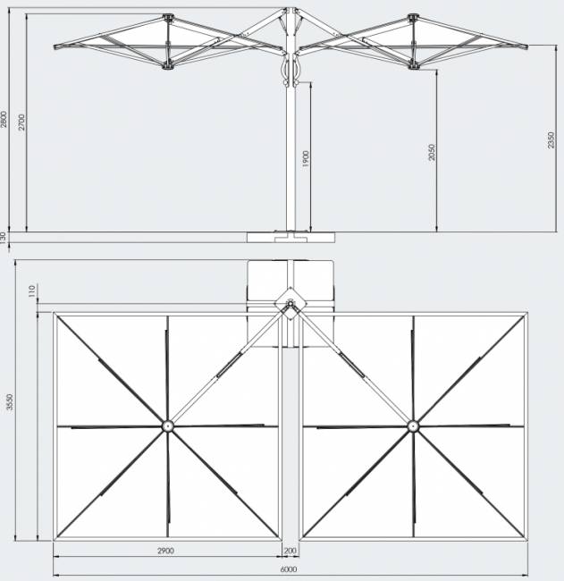 Зонт профессиональный двухкупольный 2.9х6 м Galaxia Dual V Carbon антрацит, серебристо-серый 2900х6000 мм