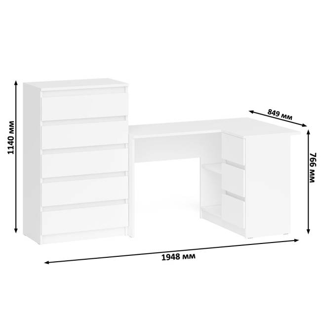 Высокий комод 700 пять ящиков и угловой компьютерный стол МС-16 правый серии Мори цвет белый