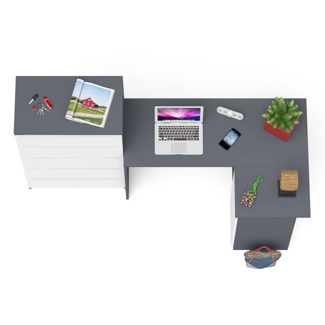 Высокий комод 700 пять ящиков и угловой компьютерный стол МС-16 правый серии Мори цвет графит/белый