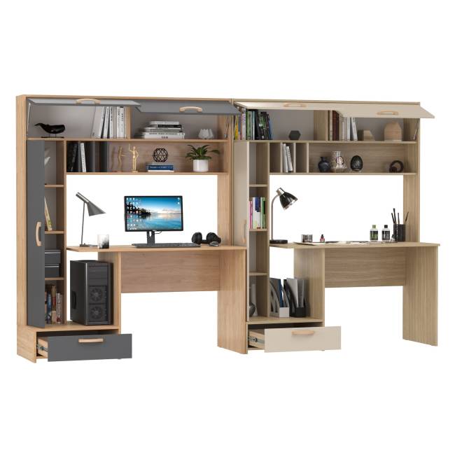 Два стола компьютерных с надстройкой Лайт 03.243Н цвет гикори рокфорд натуральный/тёмно-серый/плэйн/сатин