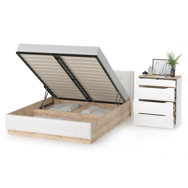 Комод Муссон с кроватью 1600 с подъёмным основанием цвет белый/дуб эндгрейн элегантный/кожзам белый