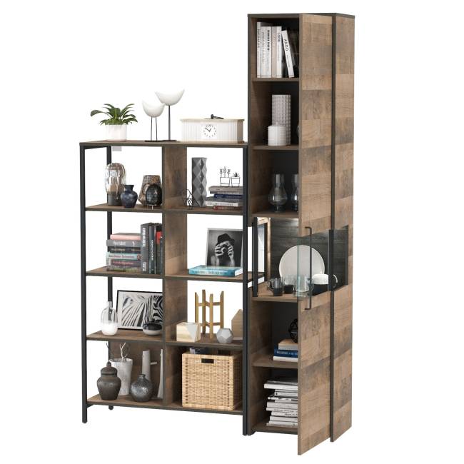 Стеллаж 13.151.02 и шкаф-пенал с витриной с подсветкой Трувор цвет дуб гранж песочный/интра