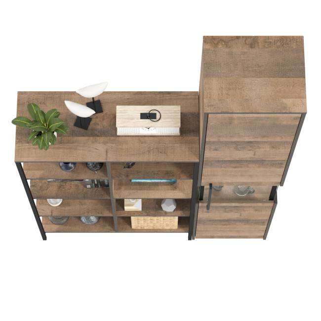 Стеллаж 13.151.02 и шкаф-пенал с витриной с подсветкой Трувор цвет дуб гранж песочный/интра