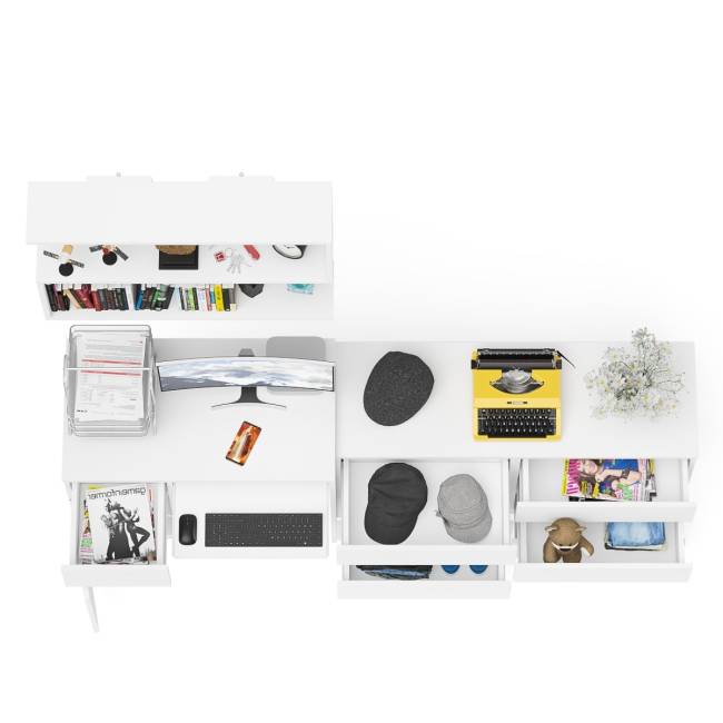 Большой комод на 6-ть ящиков Мори с компьютерным столом МС-1 левый и полка открытая на 900 цвет белый Большой комод на 6-ть ящиков Мори с компьютерным столом МС-1 левый и полка открытая на 900 цвет белый