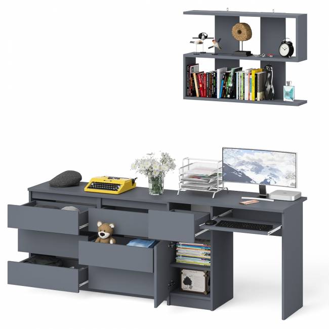 Большой комод на 6-ть ящиков Мори с компьютерным столом МС-1 левый и полка открытая на 900 цвет графит Большой комод на 6-ть ящиков Мори с компьютерным столом МС-1 левый и полка открытая на 900 цвет графит