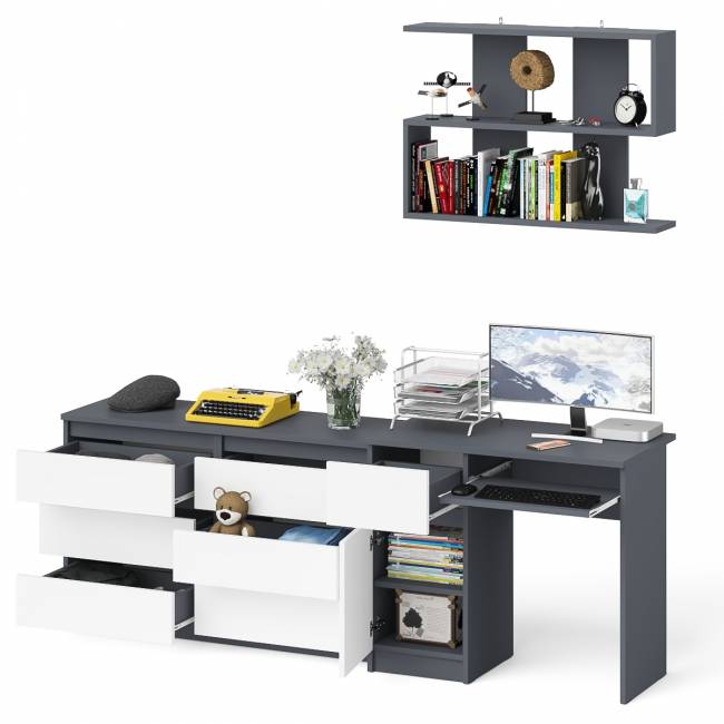 Большой комод на 6-ть ящиков Мори с компьютерным столом МС-1 левый и полка открытая на 900 цвет графит/белый Большой комод на 6-ть ящиков Мори с компьютерным столом МС-1 левый и полка открытая на 900 цвет графит/белый