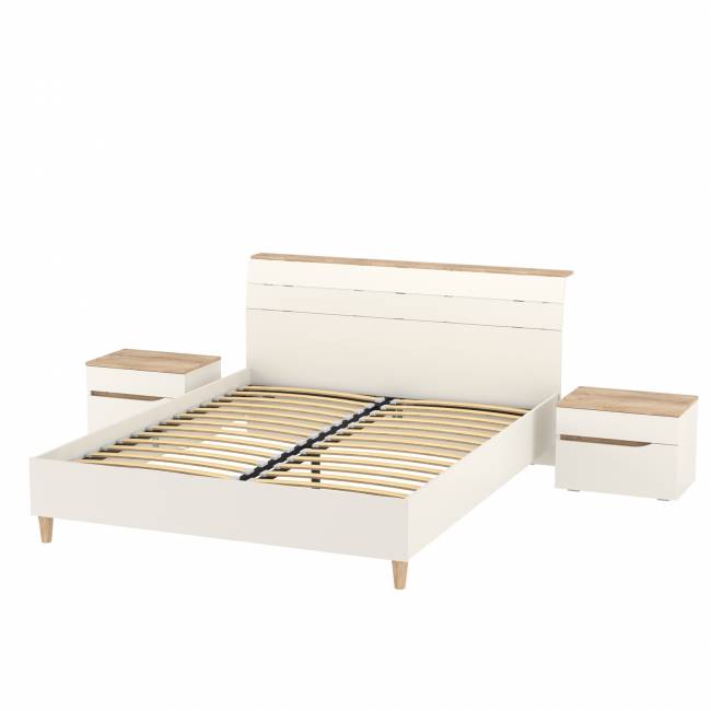 Две прикроватных тумбочки и кровать с основанием 1600 Муссон 11.41 цвет белый/дуб эндгрейн элегантный